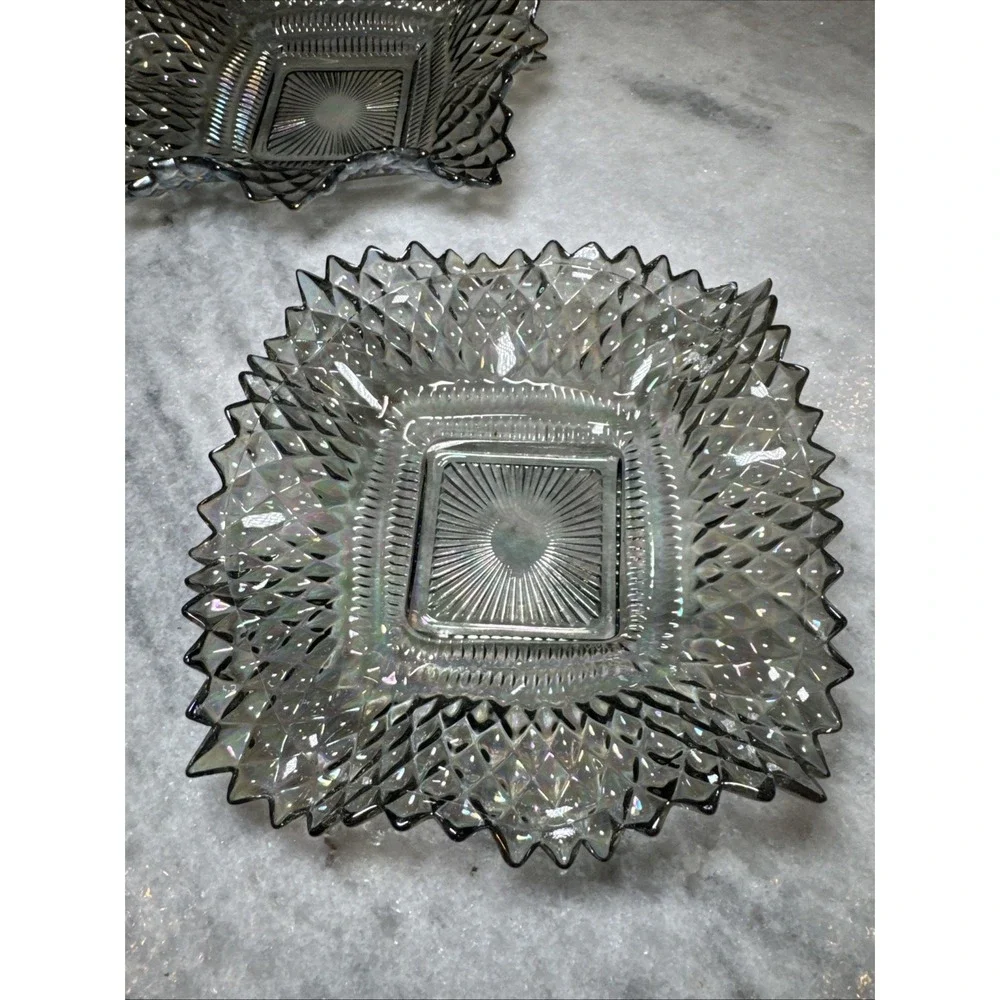 2 Vintage Indiana Carnival Glass Smoke Iridescent Ruffled Edge Diamond‎ Cut Dish
